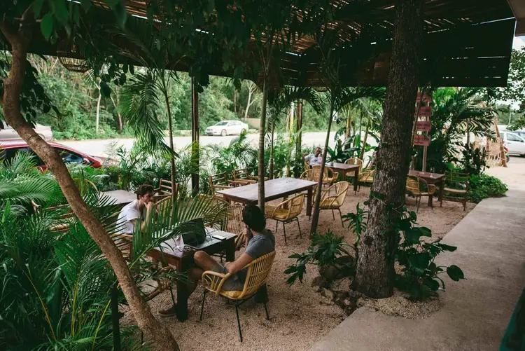 People sit at tables under a covered outdoor structure with trees and tropical plants, working on laptops in a shaded garden setting