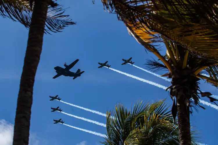 Military aircraft fly in formation leaving smoke trails between palm trees against a blue sky