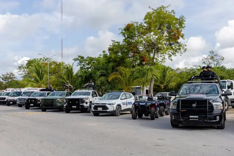A row of police vehicles and officers lined up in a parking lot with palm trees and a communications tower in the background A row of police vehicles and officers lined up in a parking lot with palm trees and a communications tower in the background