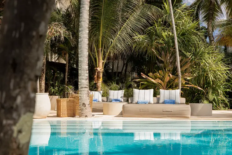 Resort pool with lounge chairs and palm trees along the edge Resort pool with lounge chairs and palm trees along the edge