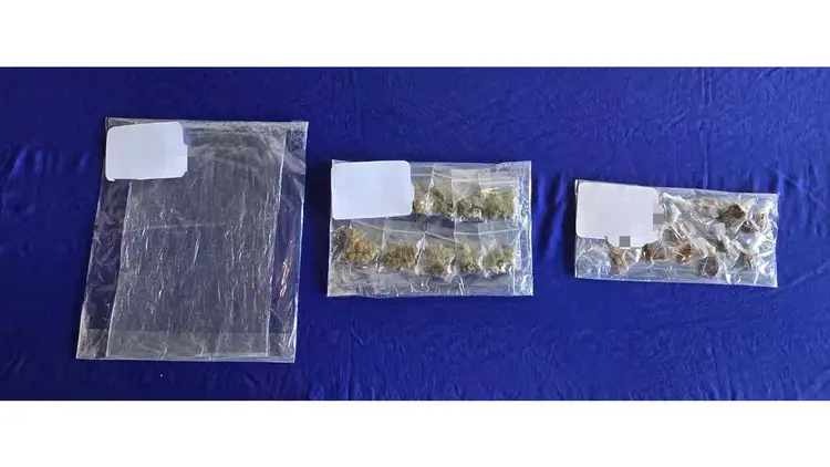 Three plastic evidence bags with white labels containing seized items arranged on a blue surface Three plastic evidence bags with white labels containing seized items arranged on a blue surface
