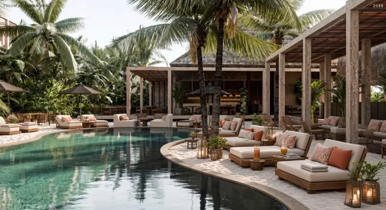 Luxury resort with a rectangular pool surrounded by loungers and palm trees beneath wooden pergolas Rendering of UMusic Hotel and Beach Club Tulum on the Caribbean coast