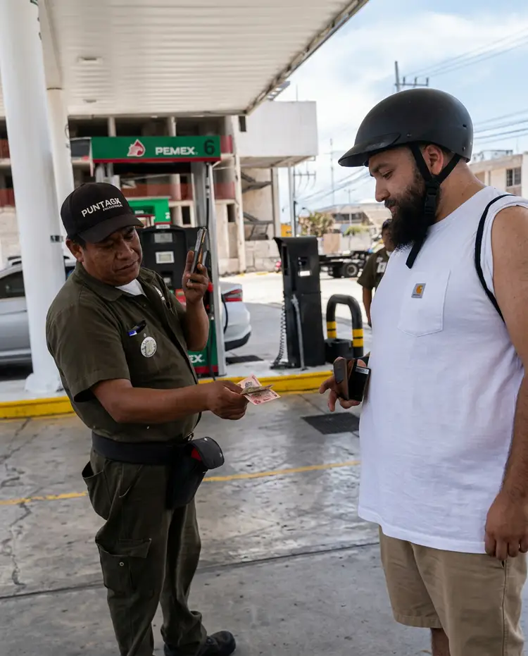 Gas station attendant hands a card to a customer at a fuel pump under a canopy