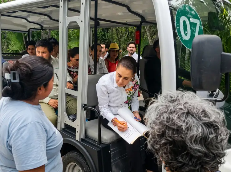 A woman in a white shirt sits in an open-sided vehicle holding a clipboard while speaking with people gathered outside in a wooded area A woman in a white shirt sits in an open-sided vehicle holding a clipboard while speaking with people gathered outside in a wooded area