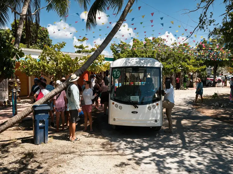A white and blue shuttle bus serves customers at an outdoor market or public space under palm trees, with colorful bunting strung overhead A white and blue shuttle bus serves customers at an outdoor market or public space under palm trees, with colorful bunting strung overhead