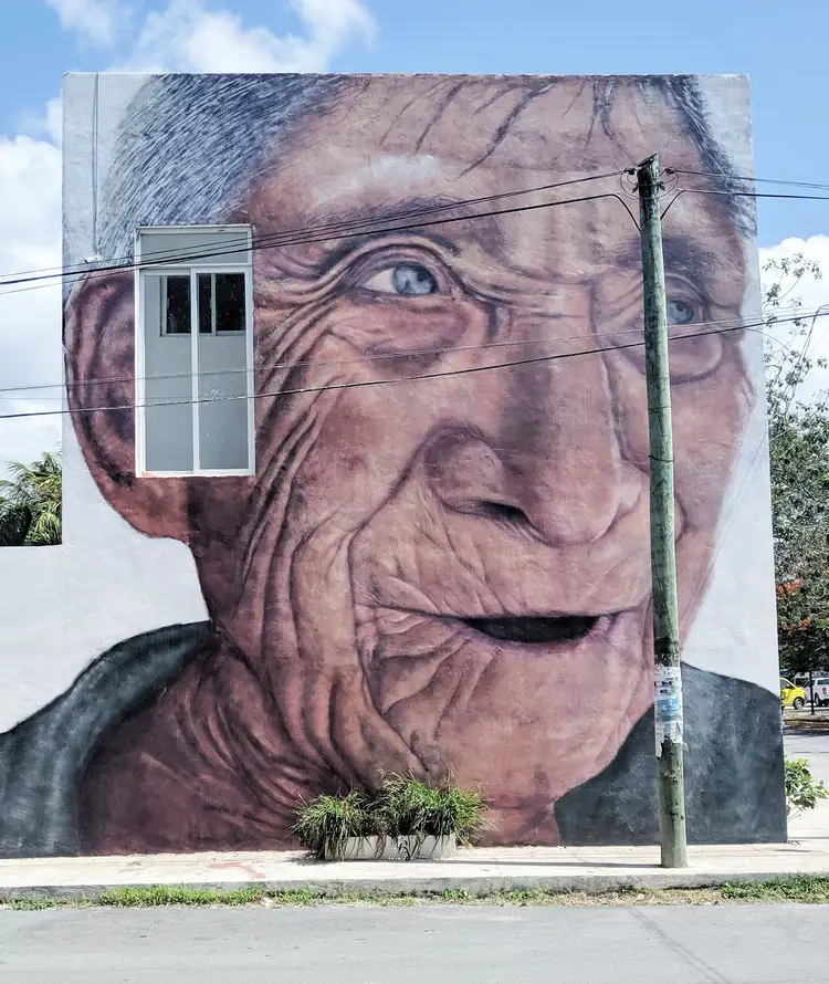Large mural painted on a building wall depicting an older person's face with detailed wrinkles and expressive features, with a white door and utility pole cross