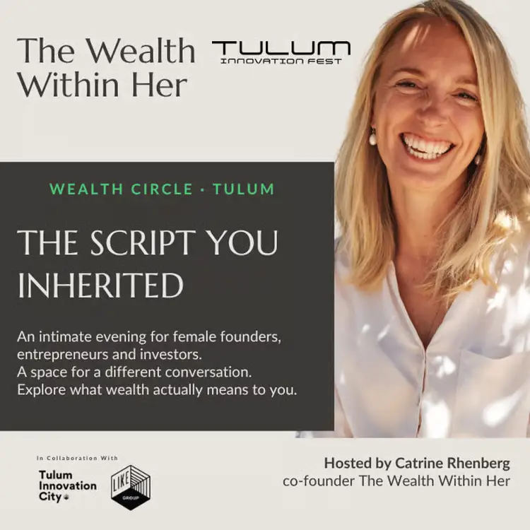 Woman in white shirt smiling at camera next to event promotion text for a wealth discussion gathering for female founders and entrepreneurs Women founders networking at Wealth Circle Tulum, connecting two emerging innovation hubs