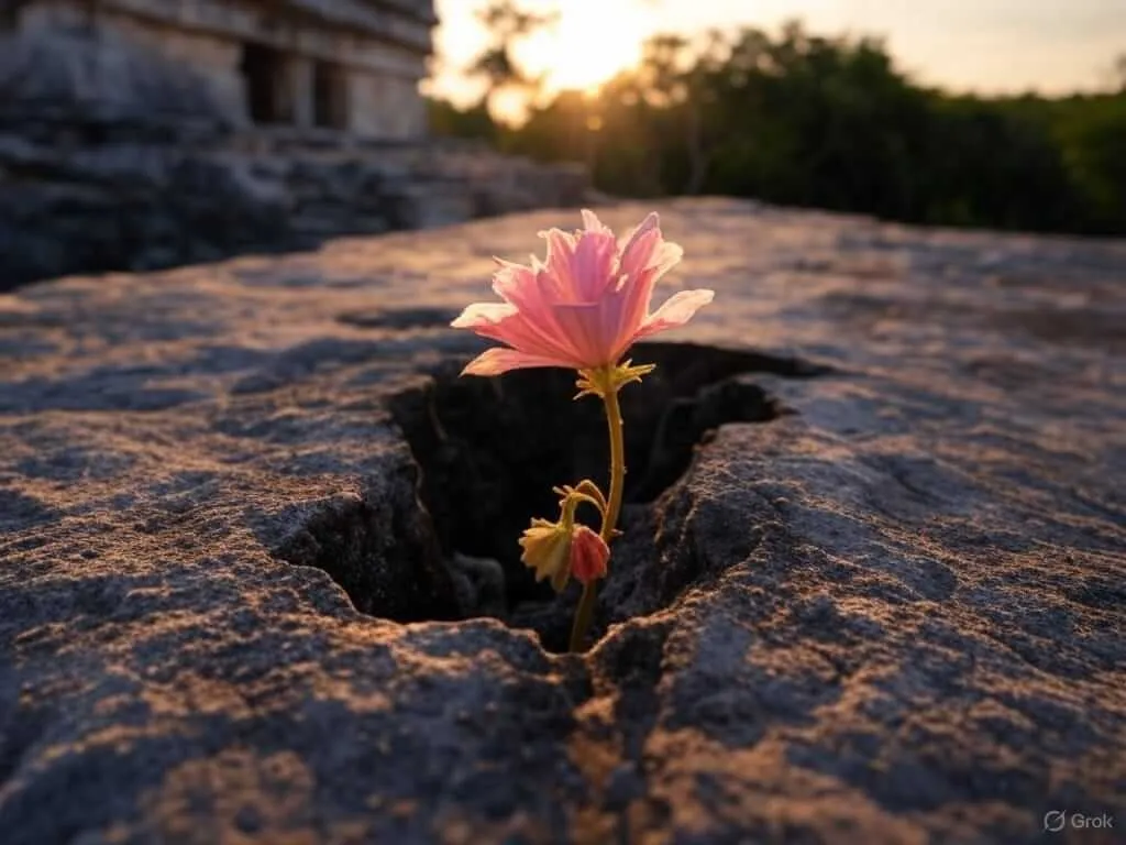 Amid fear and loss, the spirit of Tulum refuses to fall Pink flower growing through a crack in stone pavement at sunset, with ruins and trees in the background