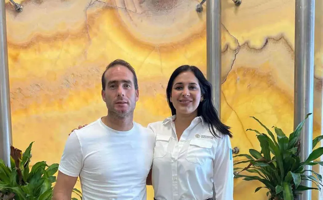 Two people stand together in front of a yellow and beige abstract artwork, with potted plants visible on either side