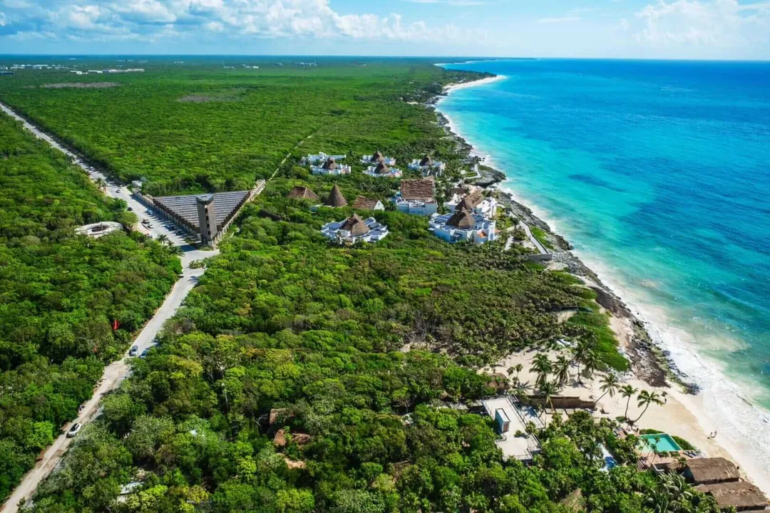 CONANP empowers Tulum communities to protect the jungle with smart technology Aerial view of a coastal development surrounded by dense jungle, with turquoise water and a white sand beach along the shoreline