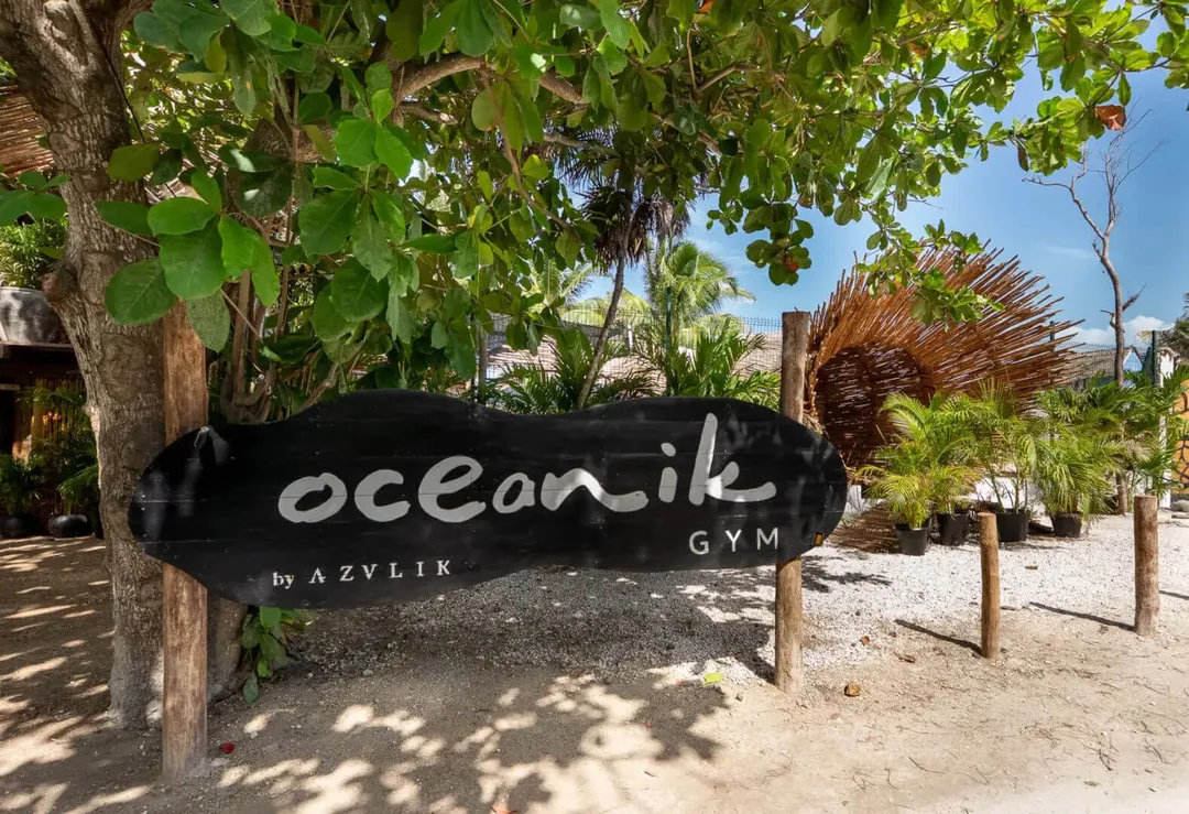 Black sign reading "oceanik GYM by AZYLIK" hangs from a tree on a sandy beach with tropical vegetation and wooden structures in the background