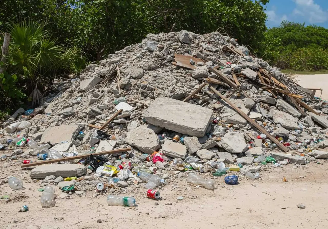 Large pile of construction debris and trash including concrete chunks, wood, and plastic waste scattered on sandy ground with mangrove vegetation in background