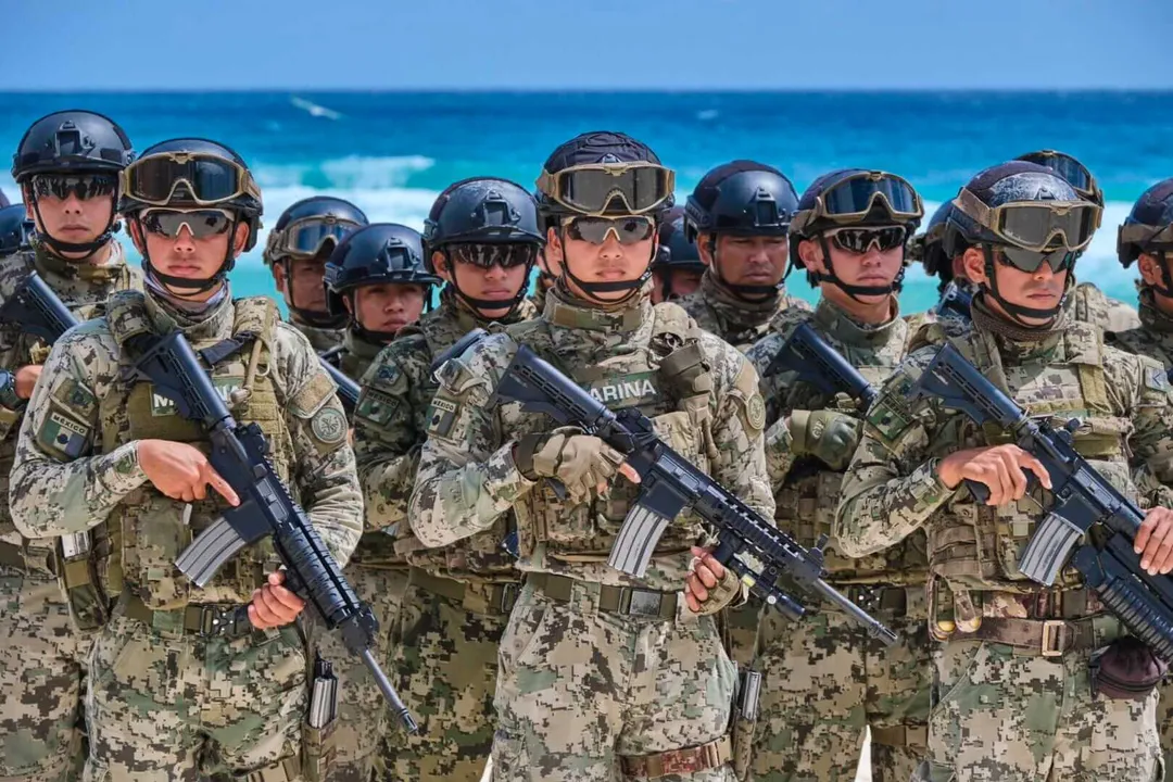 When paradise puts on combat boots the vacation starts to feel like a mission Military personnel in camouflage uniforms and tactical gear stand in formation on a beach with turquoise water behind them