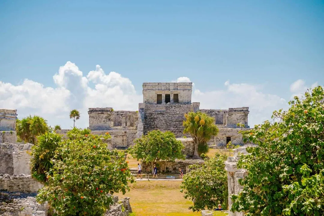 The Hidden Law That Unlocks Tulum’s Ruins Every Sunday Ancient stone ruins with multiple structures and towers stand among tropical vegetation under a blue sky with white clouds