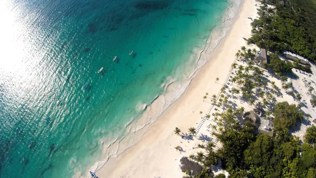 Aerial view of a sandy beach with turquoise water, palm trees, and several boats anchored offshore
