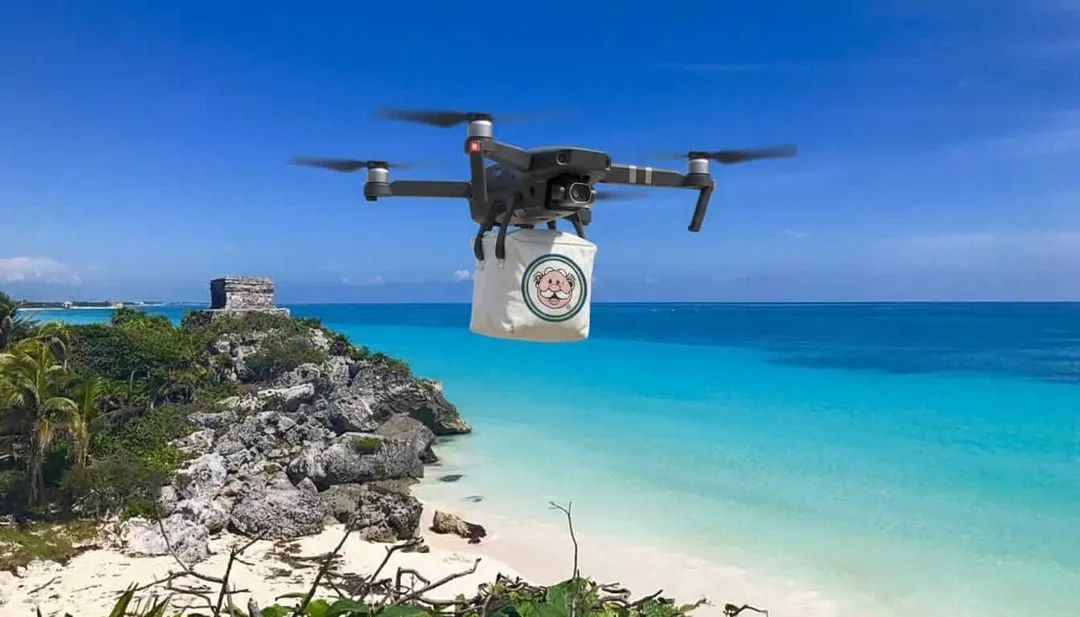 Tulum’s Drone Delivery Vision Might Take Flight Before Road Repairs Drone carrying a delivery package hovers above a tropical coastal landscape with turquoise water and rocky ruins