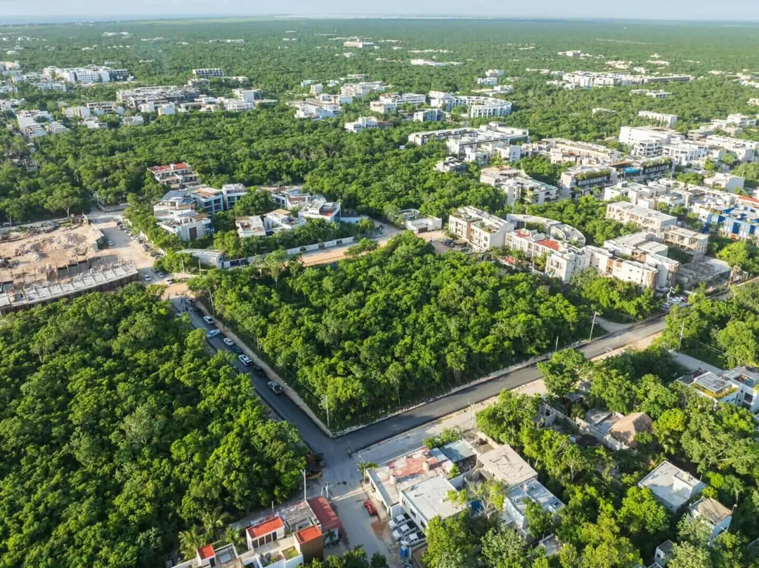 Aerial view of a suburban development with apartment buildings scattered among dense green forest and tree-lined streets