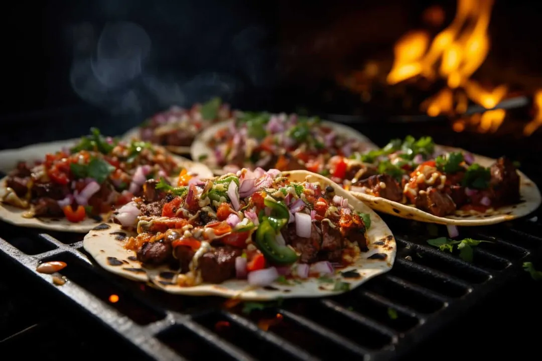 Parrillero Fest Tulum to Boost Local Economy with 25 Restaurants Tacos topped with meat, onions, peppers and cilantro sit on a grill grate with flames visible in the background
