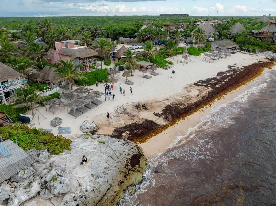 Tulum to open new public beach access for locals and tourists Aerial view of a beachfront resort area with thatched-roof buildings, palm trees, and visitors on the sand near the shoreline