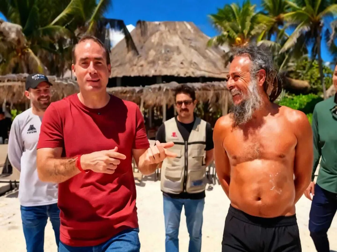 A man in a red shirt speaks with a shirtless man while others stand nearby on a sandy beach with thatched-roof structures and palm trees in the background