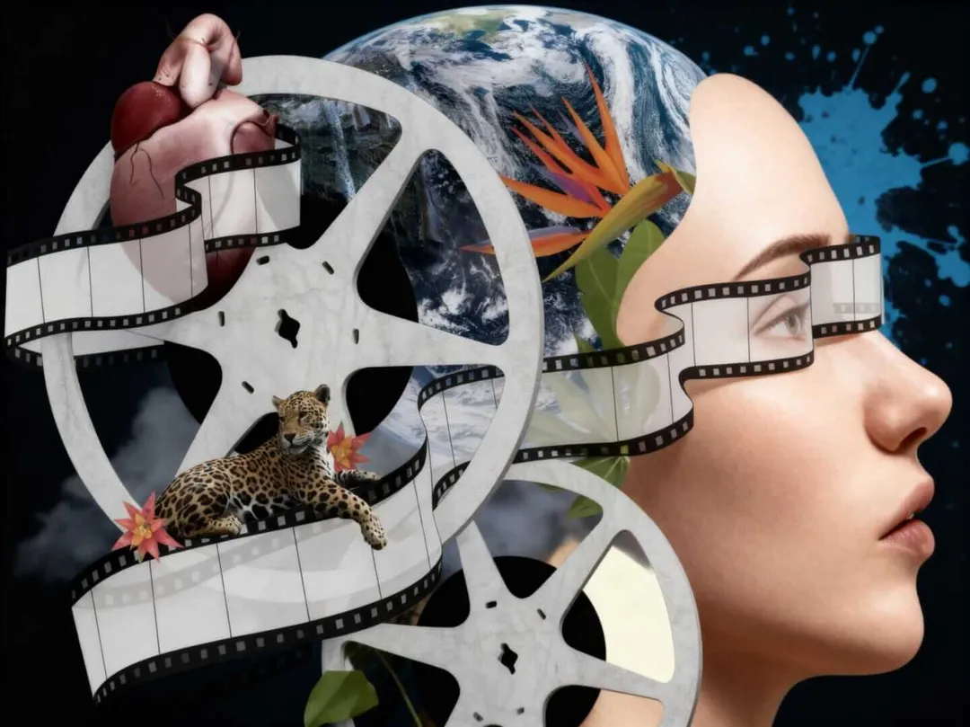Festival de Cine Consciente arrives in Tulum to unite art and sustainability Collage showing a person's profile with film reels and strips containing images of Earth, a leopard, and flowering plants emerging from their head