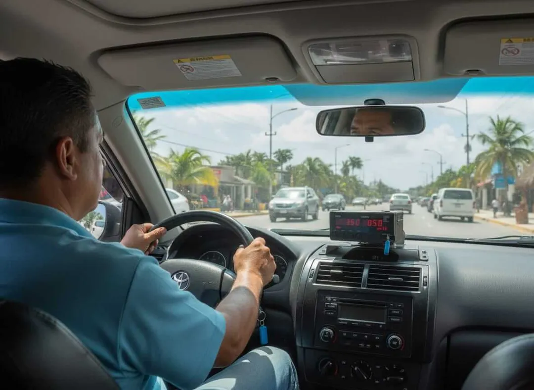 Tulum residents urge public to sign petition for taxi price control meters Taxi driver grips steering wheel while driving on a street lined with palm trees and other vehicles