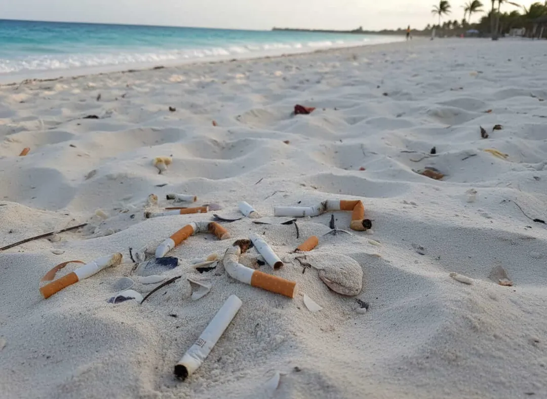 Cigarette butts and debris scattered across sand on a beach with turquoise water and palm trees in the background