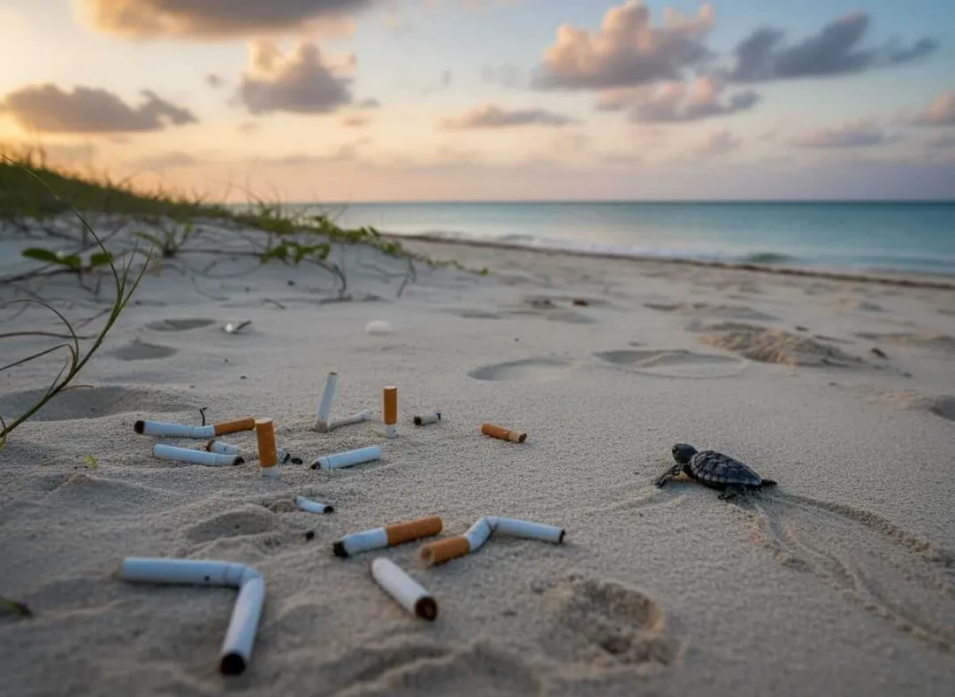 Tulum faces urgent warning as cigarette waste overwhelms nesting beaches Sea turtle hatchling crawls across sand littered with discarded cigarette butts near beach vegetation and ocean