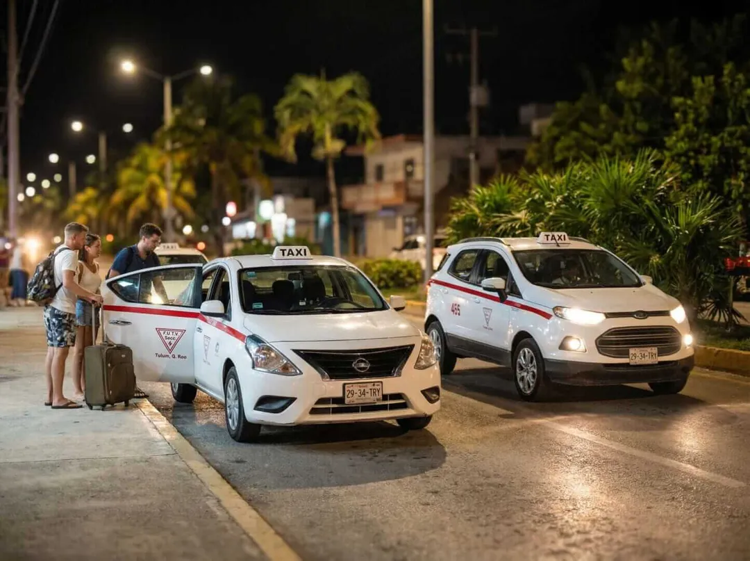 Passengers stand beside white taxis marked with red stripes on a nighttime street lined with palm trees and buildings