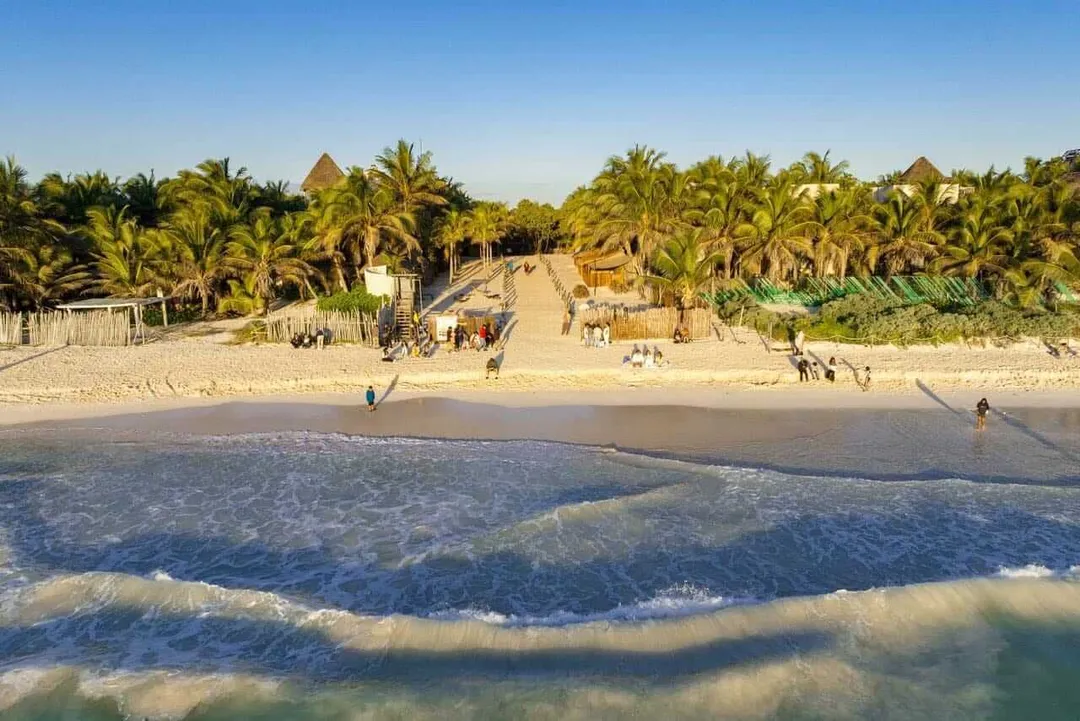 Beach scene with ocean waves in foreground, sandy shore with visitors and palm trees behind, and pyramid structures visible in the distance under clear sky