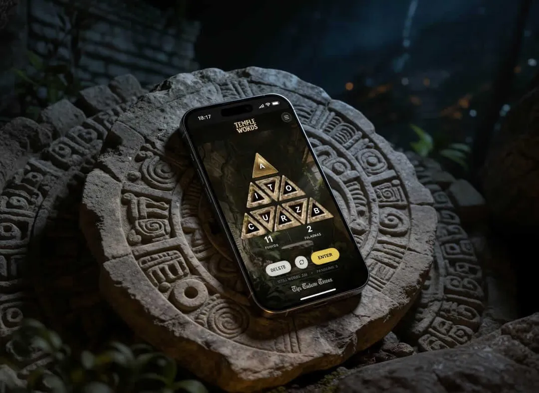 Smartphone displaying a puzzle game app rests on an ornately carved stone surface with geometric patterns in a dimly lit setting