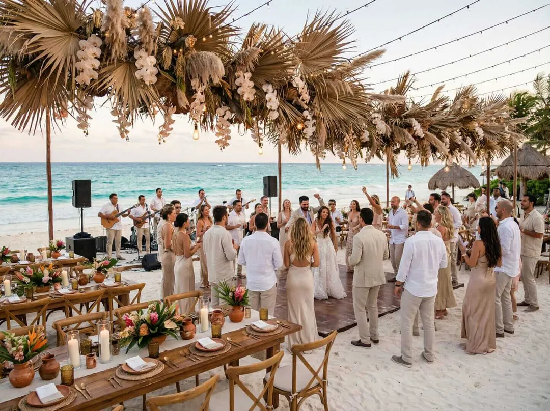 Guests in neutral-toned attire gather on a beach for an outdoor event with dining tables, dried palm decorations, and the ocean visible in the background