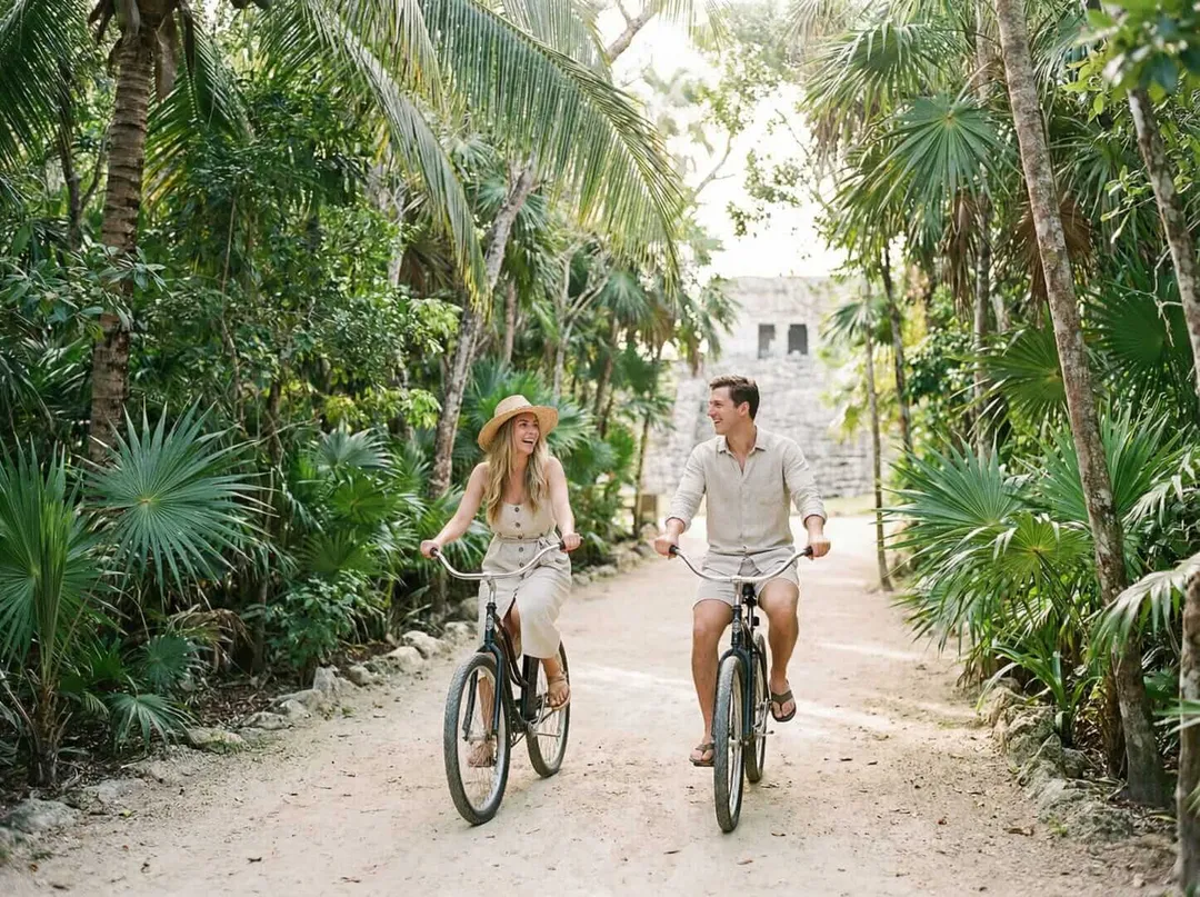 Maya Cycle Path to link Tulum and Cobá by 2026 A man and woman ride bicycles on a sandy path lined with palm trees and tropical vegetation, with a stone structure visible in the distance