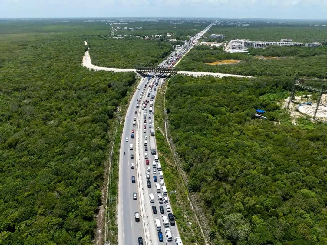 Aerial view of a busy multi-lane highway cutting through dense green jungle with a bridge crossing overhead and residential buildings visible in the distance
