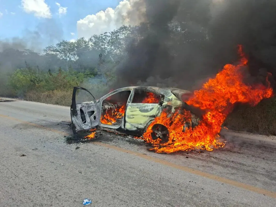 A car engulfed in flames on a roadside with smoke billowing into the sky and vegetation visible in the background
