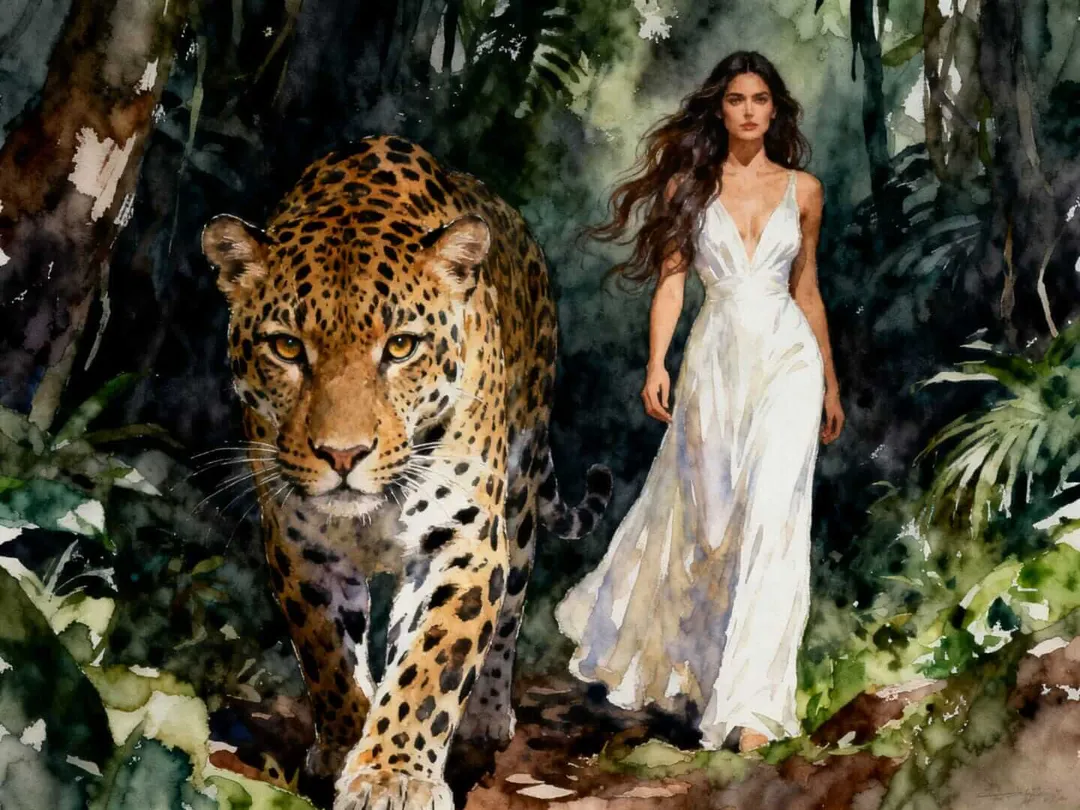 Woman in white dress stands beside a leopard in a jungle setting surrounded by dense vegetation