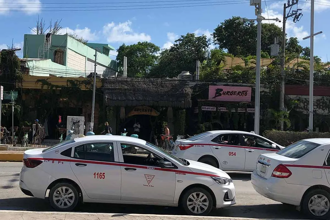 Tulum Taxi Union Champions Inclusive Tourism Projects White taxis with red stripe markings parked on a street in front of storefronts and residential buildings under blue sky