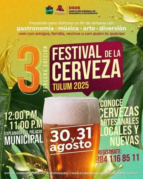 Promotional poster for a beer festival in Tulum featuring a glass of beer surrounded by green leaves on a yellow and green background