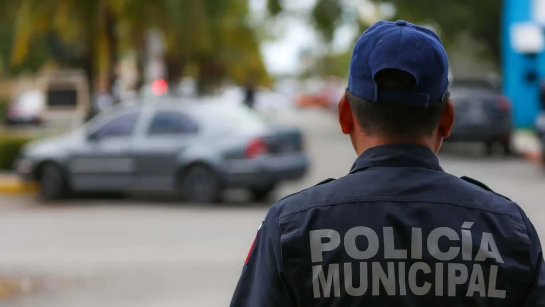 Police officer in blue uniform and cap stands with back to camera on a street with parked cars and buildings visible in the background