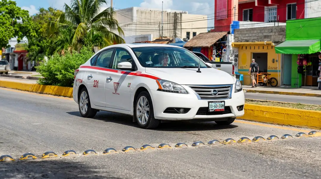 White taxi with red stripe drives on a street lined with yellow-painted curbs and colorful buildings
