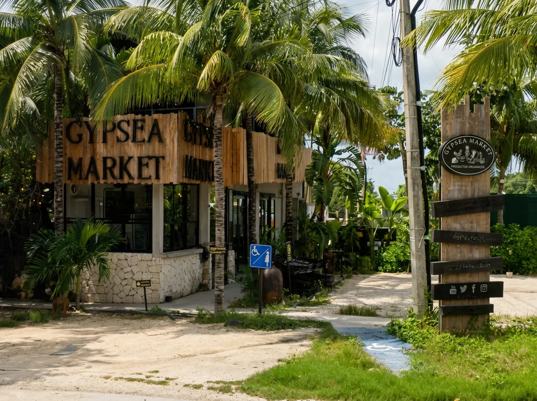 A wooden market building with "Gypsy Market" signage stands among palm trees on a sandy street, with a wooden directional sign visible on the right