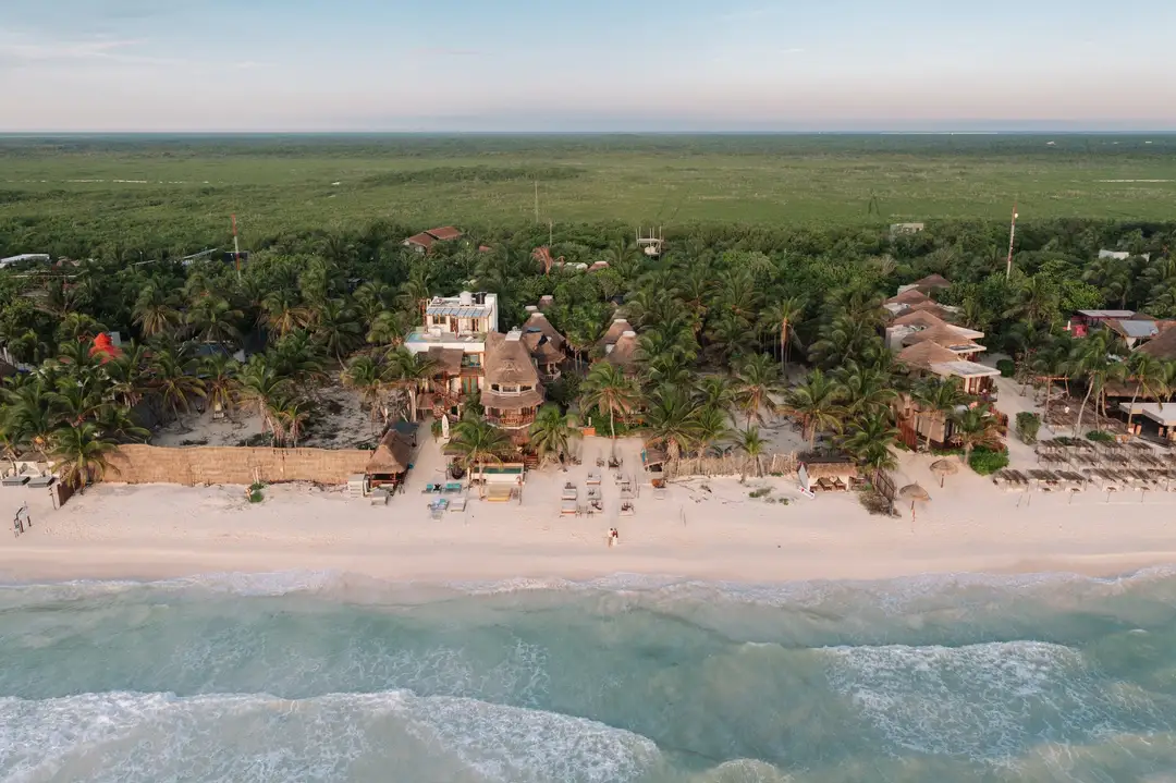A Stay at Alaya Tulum, Where Rest Begins Barefoot Aerial view of a beachfront resort with sandy beach, ocean waves, palm trees, and buildings nestled among dense tropical vegetation extending inland