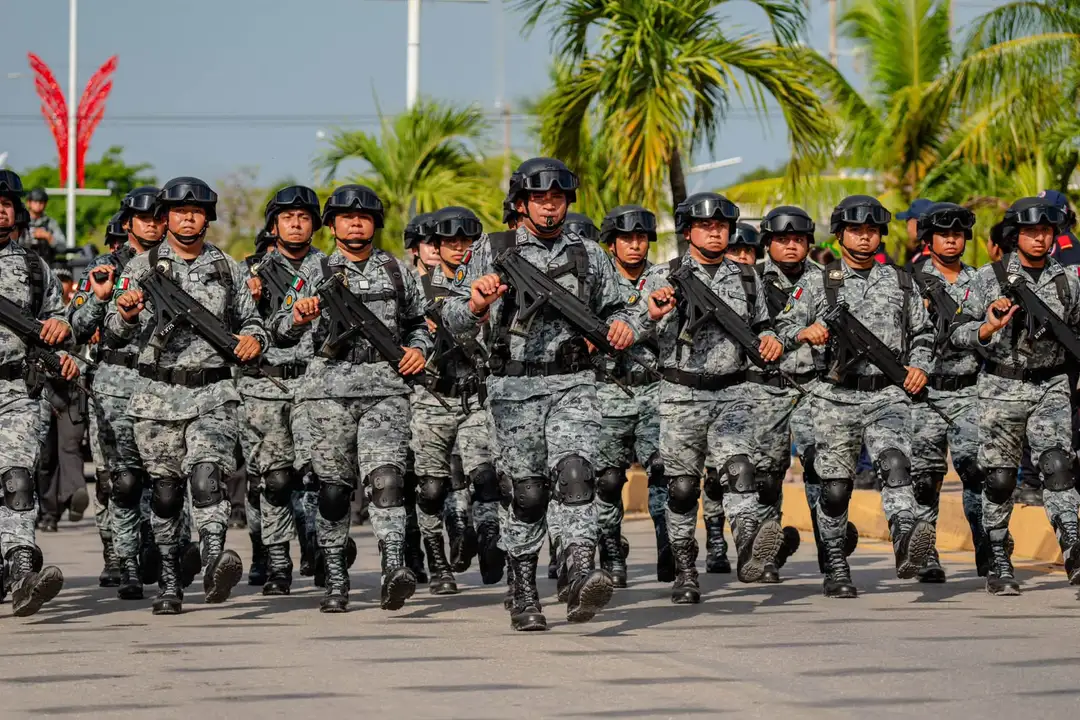 Armed military personnel in digital camouflage uniforms march in formation down a paved street lined with palm trees
