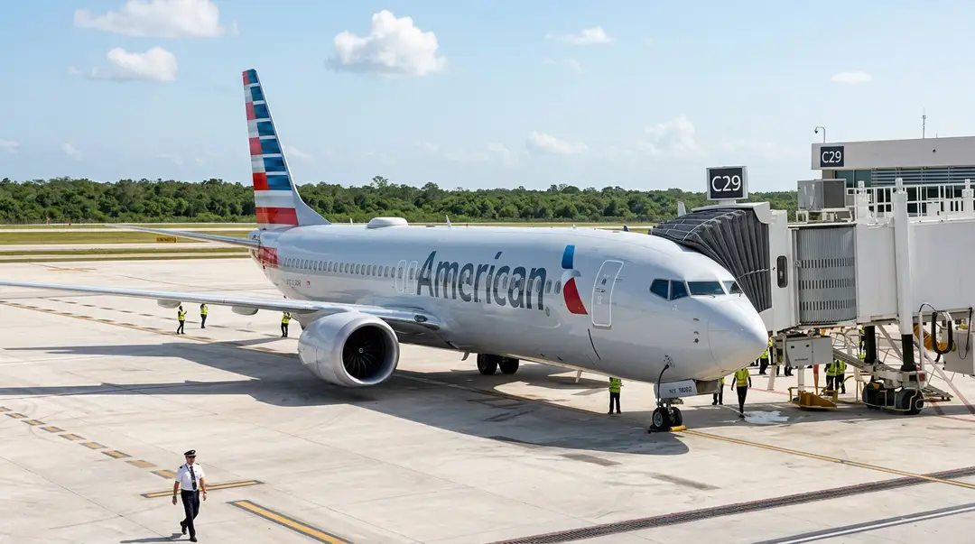 American Airlines aircraft parked at a gate with ground crew and equipment nearby at an airport terminal