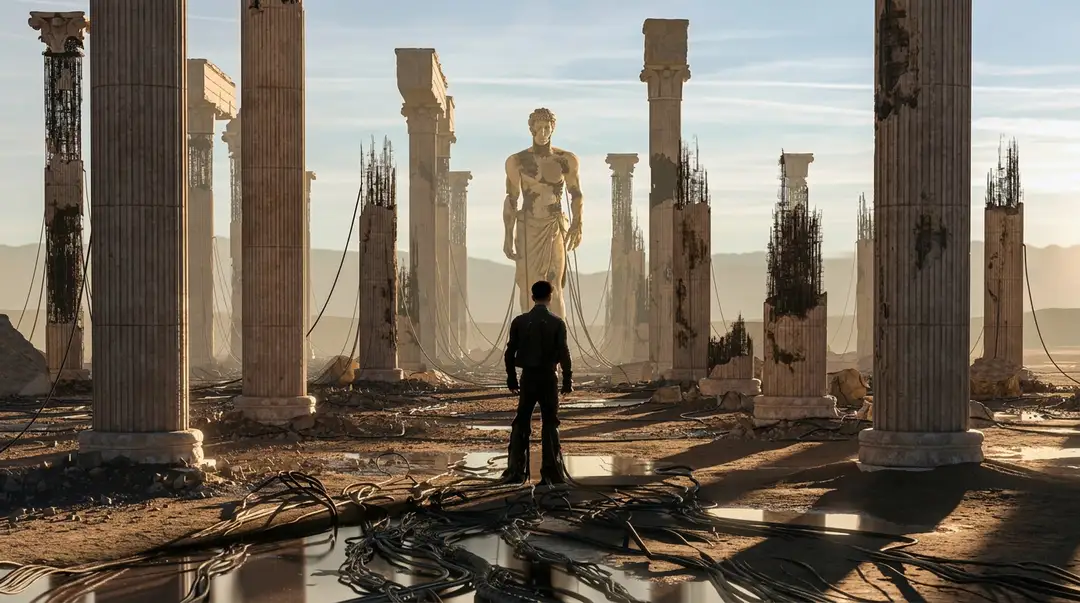 Person in black clothing standing among ancient stone columns and a gold statue in a desert landscape with mountains in the background
