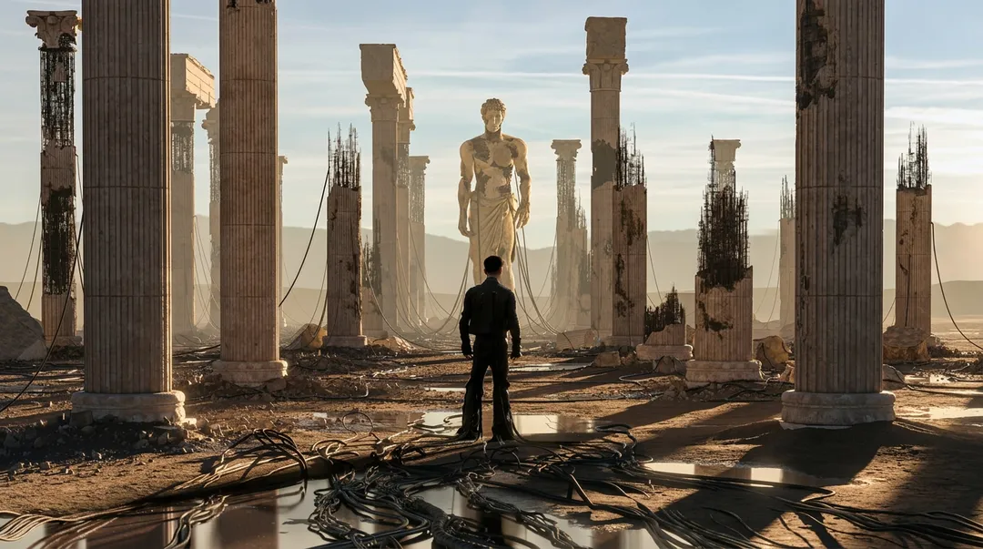 Anyma abre la temporada del décimo aniversario de Zamna Tulum el 4 de enero Una persona vestida de negro se encuentra de pie entre antiguas columnas de piedra y una estatua de oro en un paisaje desértico con montañas al fondo.
