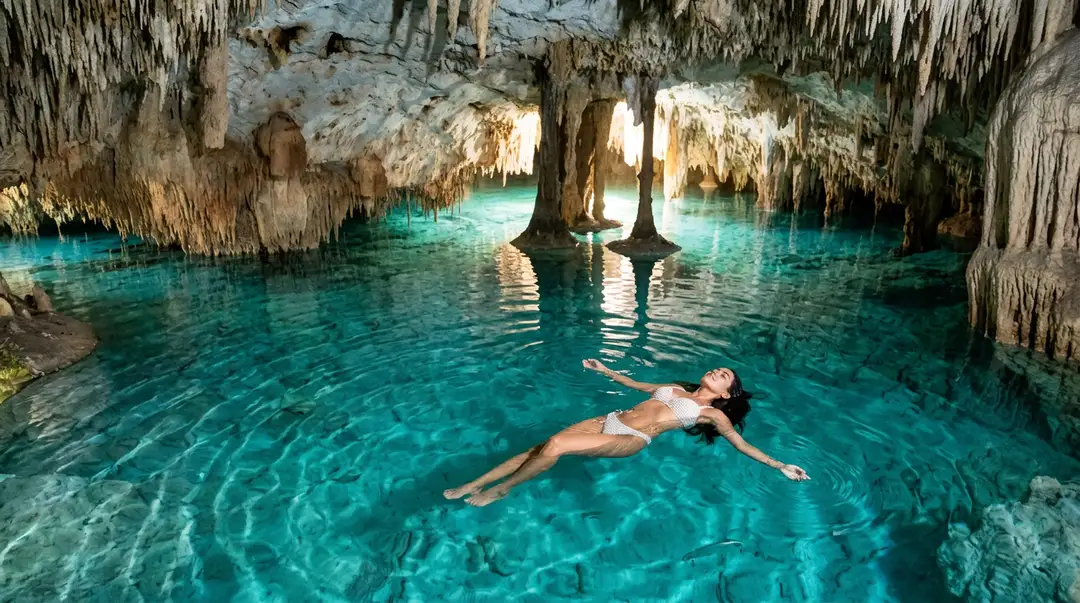 Person floating in turquoise water inside a cave with stalactites and limestone formations overhead