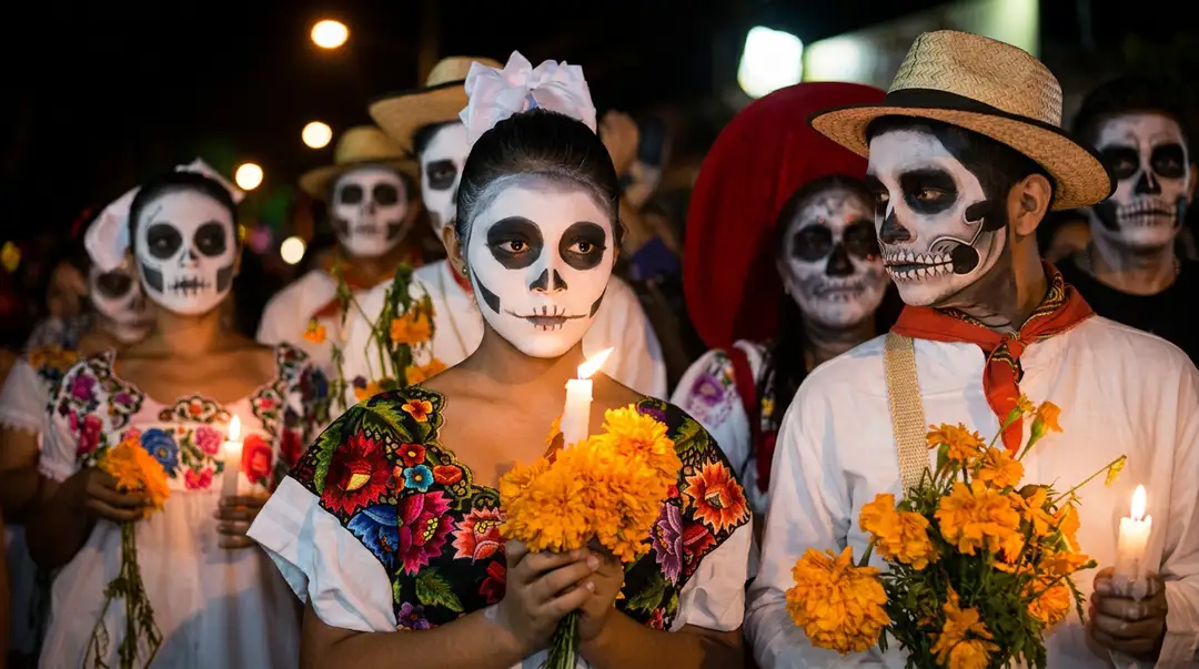 The differences between Day of the Dead and Halloween Group of people wearing skull face makeup and traditional embroidered clothing hold marigold flowers and candles during a nighttime procession