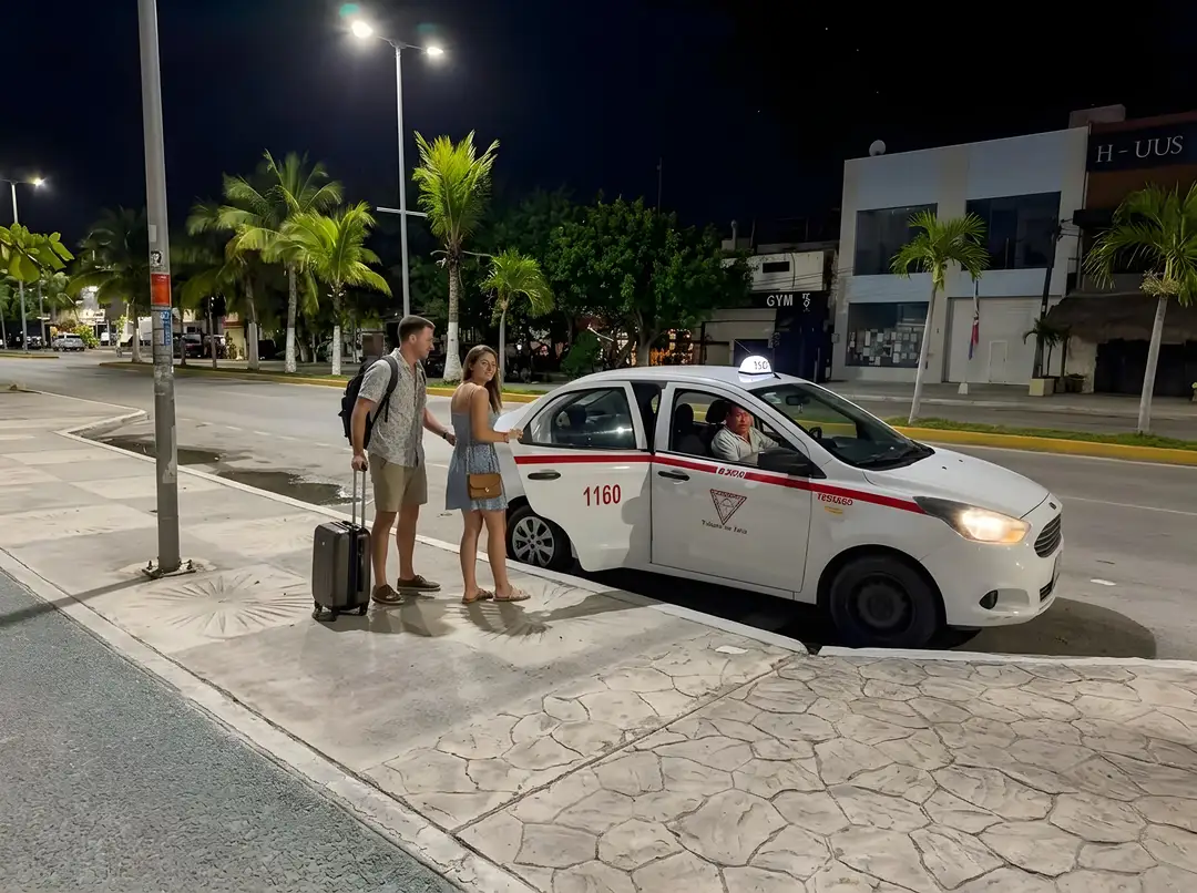 Two pedestrians with luggage stand on a nighttime street curb as a white taxi pulls up beside them