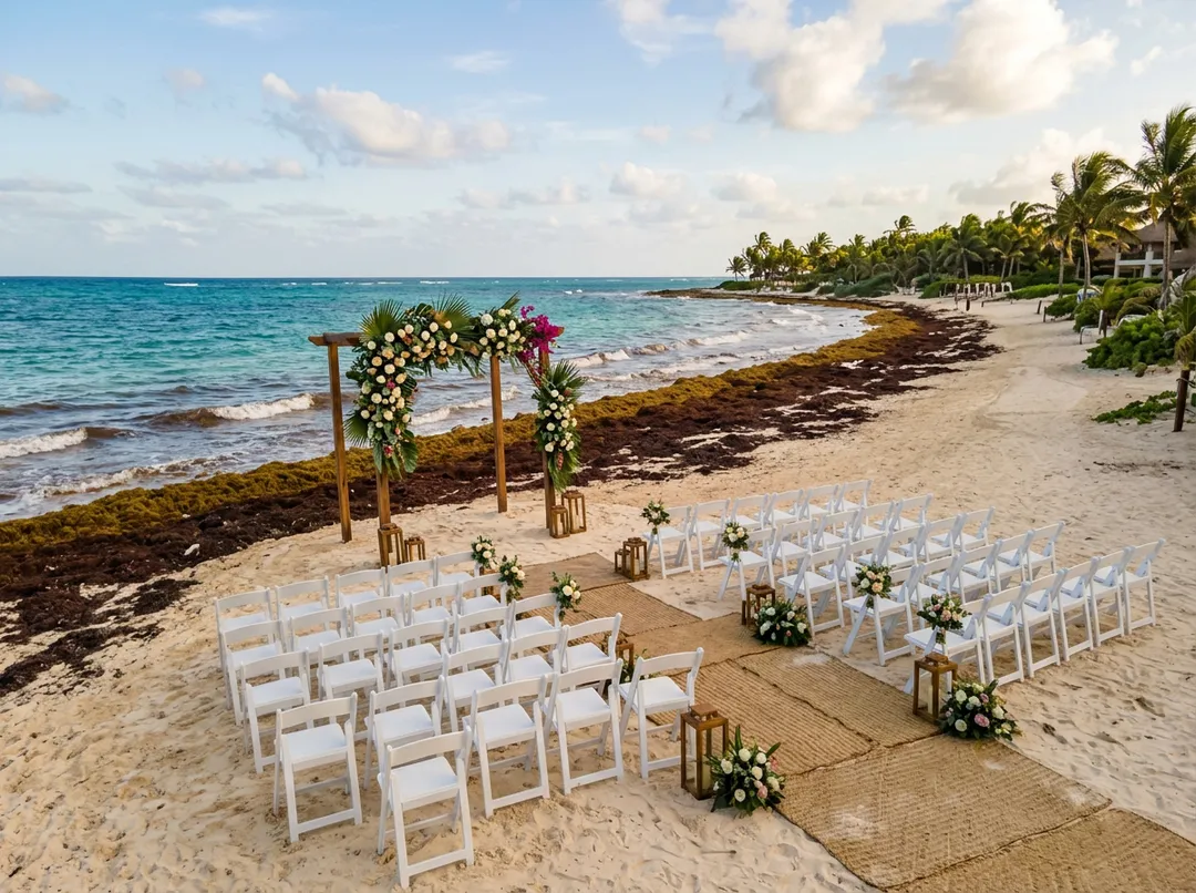 Massive Sargassum Arrivals Force 10000 Wedding Cancellations Across Mexican Caribbean Wedding ceremony setup on a beach with white chairs, floral arch, and decorations facing the ocean, with seaweed washed ashore nearby